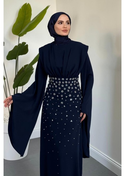 Valmera Taşlı Kolları Asimetrik Kesim Abiye Lacivert modelleri