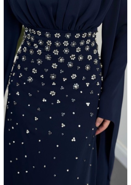 Valmera Taşlı Kolları Asimetrik Kesim Abiye Lacivert indirimleri