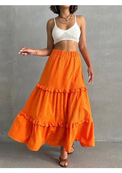 Fırfırlı Brodeli Astarlı Uzun Etek Turuncu S255047 fiyatları