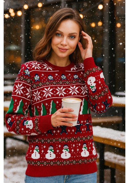 Kırmızı-Beyaz Unisex Christmas Yılbaşı Kazağ