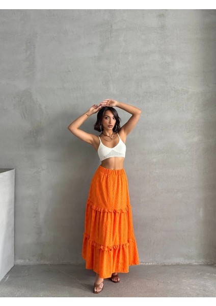 Fırfırlı Brodeli Astarlı Uzun Etek Turuncu S255047