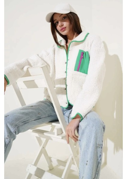 Yeşil Fermuar Cepli Kuzu Mont Beyaz T1085 fırsatları