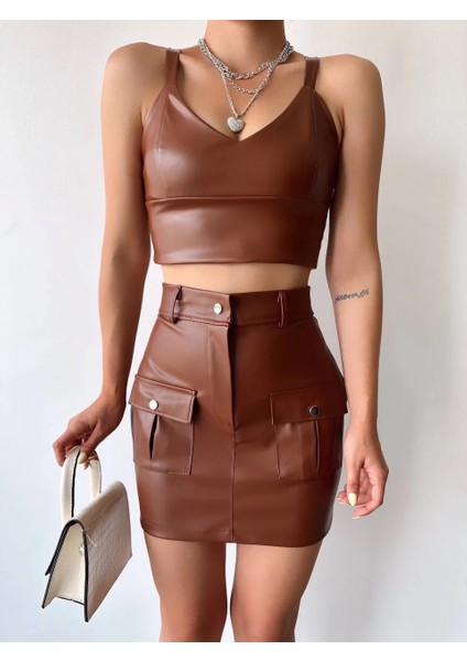 Önden Iki Cepli Deri Etek Kahve H240040 fiyatları