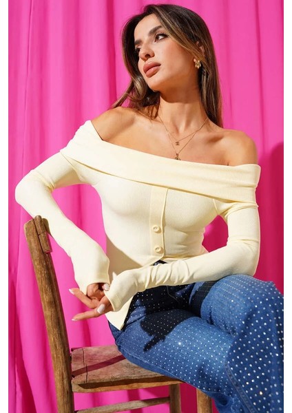 Madonna Yaka Düğmeli Bluz Sarı T4329