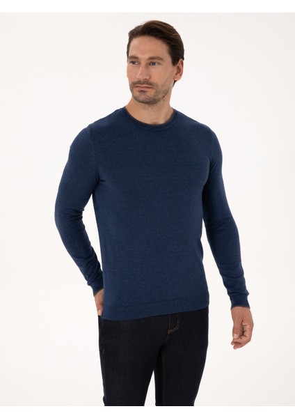 Erkek İndigo Slim Fit Pamuk Karışımlı Bisiklet Yaka Triko Kazak 50318676-VR028