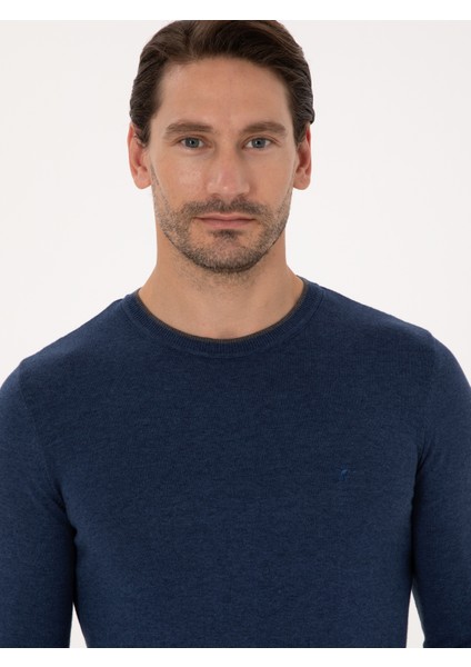 Erkek İndigo Slim Fit Pamuk Karışımlı Bisiklet Yaka Triko Kazak 50318676-VR028 fiyatları