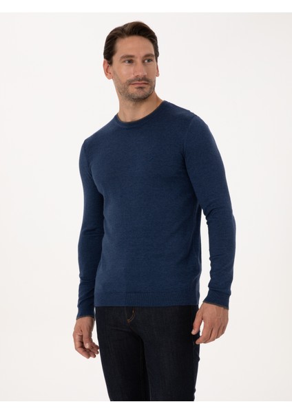 Erkek İndigo Slim Fit Pamuk Karışımlı Bisiklet Yaka Triko Kazak 50318676-VR028 modelleri