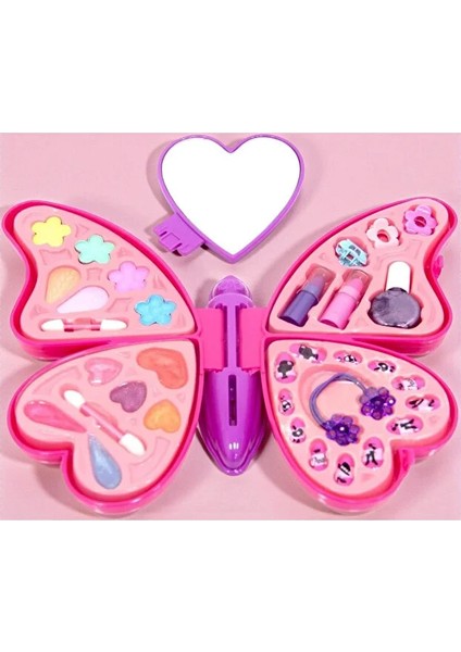 Pretty Pinky Kelebek Şekilli 4 Katlı Makyaj Seti Sürülebilir Simli Far ve Saç Tırnak Aksesuarları
