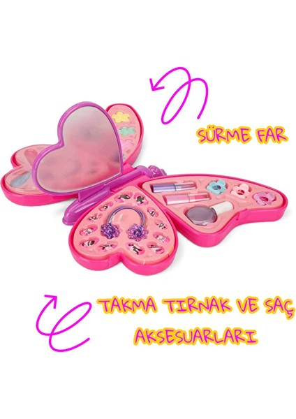 Pretty Pinky Kelebek Şekilli 4 Katlı Makyaj Seti Sürülebilir Simli Far ve Saç Tırnak Aksesuarları modelleri