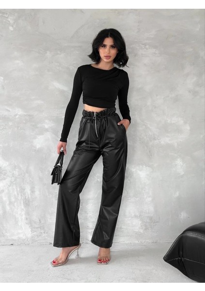 Kendinden Ince Kemerli Deri Pantolon Siyah T1178