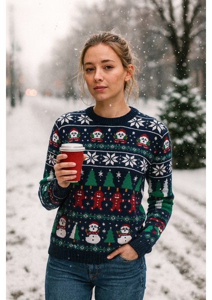 Lacivert-Beyaz Unisex Christmas Yılbaşı Kazağ