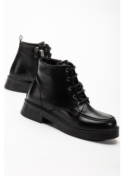 ZRİN-2001 Premium Siyah Kırışık Rugan Bağcıklı Fermuarlı Günlük Kadın Bot