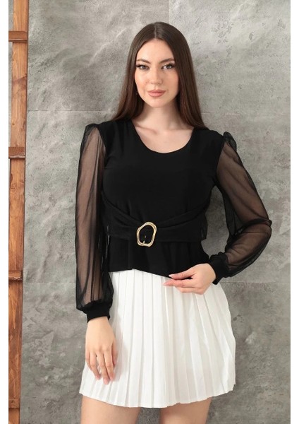 Tokalı Tül Kollu Bluz Siyah T4071
