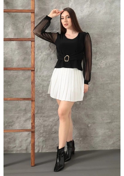 Tokalı Tül Kollu Bluz Siyah T4071 fırsatları