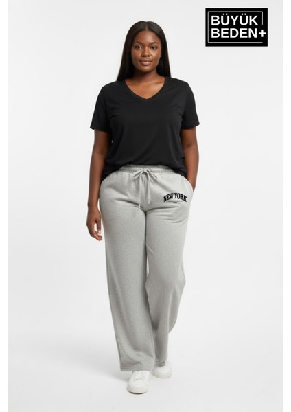 Kadın Büyük Beden New York Baskılı Rahat Kesim Lastikli Bel Paça Reçme Eşofman Altı SPR26EAK952-5