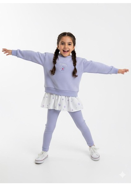 Flowers Nakış Detaylı Kız Çocuk Takımı – Sweatshirt & Tayt Alt, 2–8 Yaş
