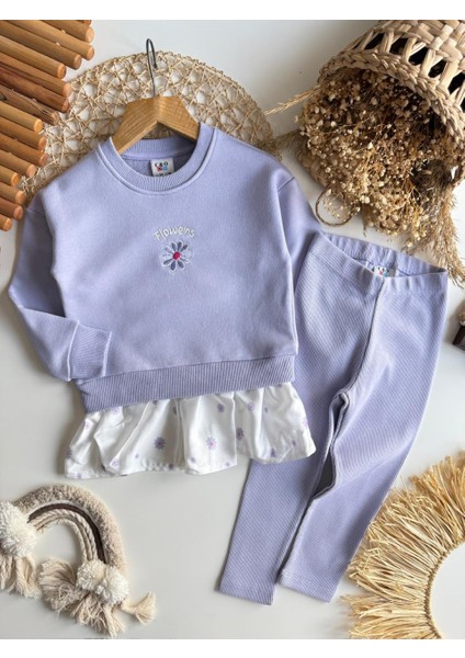 Flowers Nakış Detaylı Kız Çocuk Takımı – Sweatshirt & Tayt Alt, 2–8 Yaş fiyatları
