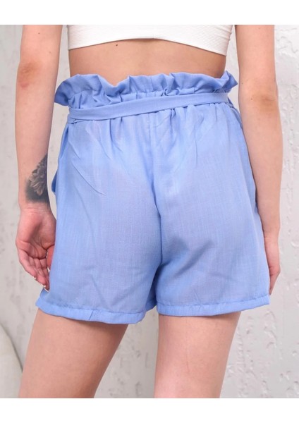 Kuşaklı Keten Şort Mavi S255265 modelleri