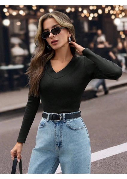 V Yaka Kaşkorse Bluz Siyah W3817