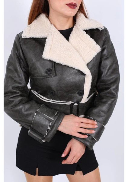 Kürklü Suni Deri Kemerli Haki Kadın Kısa Mont T1256