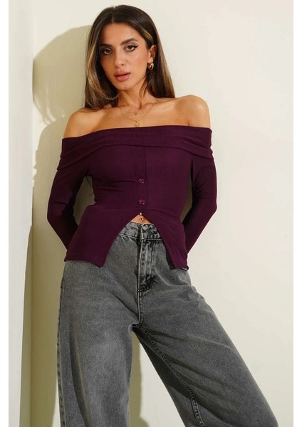 Madonna Yaka Düğmeli Bluz Mürdüm T4329 modelleri