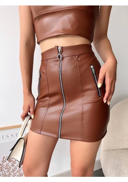 Üç Fermuarlı Deri Etek Kahve S24510 modelleri