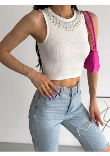 Fitilli Kaşkorse Yakası Zincirli Atlet Beyaz