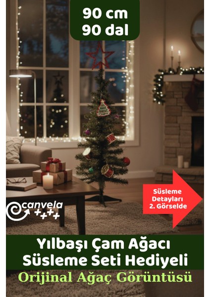 Premium 90 cm Yılbaşı Çam Ağacı Sallanmaz Plastik Ayaklı Lüx Hediye Paketli Yeni Yıl Ağacı