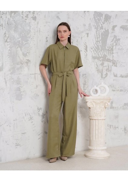 Kuşaklı Gömlek Yaka Salaş Tulum Haki S255822
