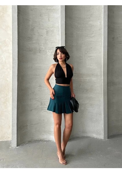 Pileli Düğmeli Etek Yeşil S24811