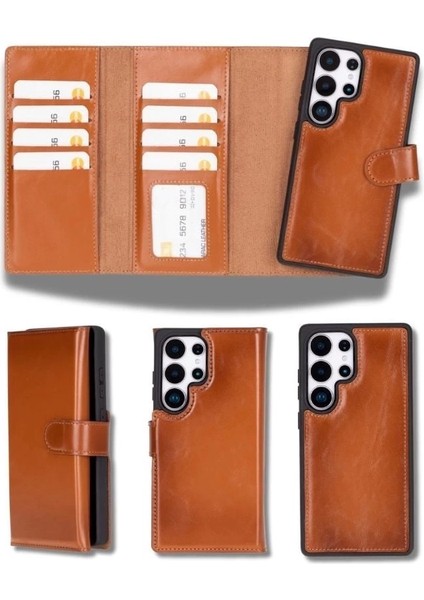 Samsung Galaxy S25 Ultra Uyumlu, Hakiki Deri, El Yapımı, Cüzdanlı Kılıf, Gölgeli Taba indirimleri