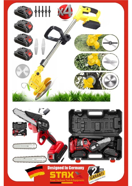 US2190 4x 40VF Akülü Dal Budama Kesme Testere + Akülü Teleskopik Ot Çayır Çim Biçme Budama Makinesi