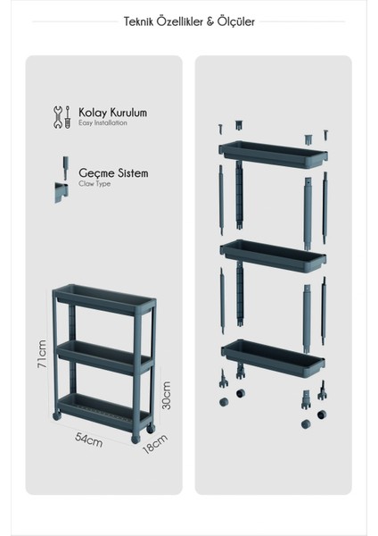 Dar Alan Uyumlu Tekerlekli 3 Katlı Mutfak Rafı – Yağlık, Baharatlık ve Peçetelik Organizer modelleri