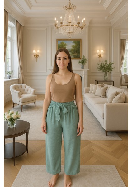 Kadın Oversize Kesim Su Yeşili Esnek Bel Battal Beden Bürümcük Pijama Altlık