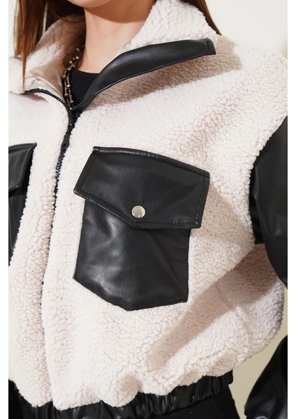 Deri Garnili Cepli Peluş Mont Siyah T1253 fiyatları