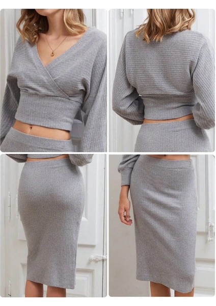 Kruvaze Şardonlu Etekli Takım Gri indirimleri