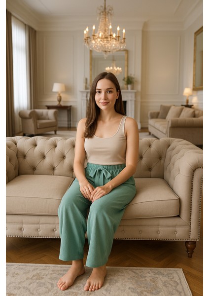 Kadın Oversize Kesim Su Yeşili Esnek Bel Battal Beden Bürümcük Pijama Altlık modelleri