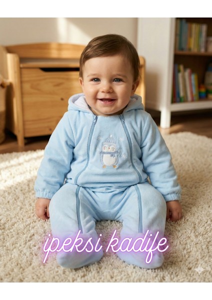 Asliva Mavi Penguen Nakışlı Kadife Içi Peluş Welsoft Çift Fermuarlı Kışlık Kozmonot Tulum - 3-12 Ay