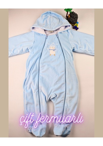Asliva Mavi Penguen Nakışlı Kadife Içi Peluş Welsoft Çift Fermuarlı Kışlık Kozmonot Tulum - 3-12 Ay modelleri