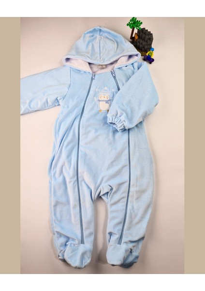 Asliva Mavi Penguen Nakışlı Kadife Içi Peluş Welsoft Çift Fermuarlı Kışlık Kozmonot Tulum - 3-12 Ay indirimleri