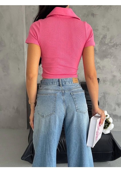 Kaşkorse Yaka Fermuarlı Bluz Fuşya indirimleri