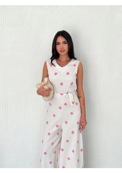 Sırt Dekolteli Keten Beyaz Tulum S1036 modelleri