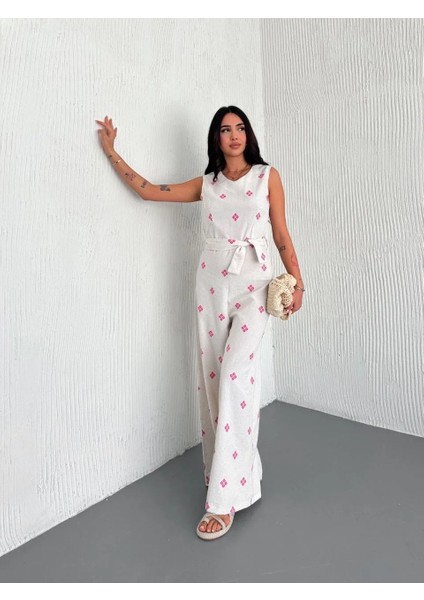 Sırt Dekolteli Keten Beyaz Tulum S1036