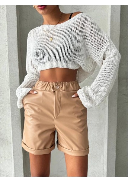 Beli Lastikli Duble Paça Deri Şort Bej W24755 fiyatları