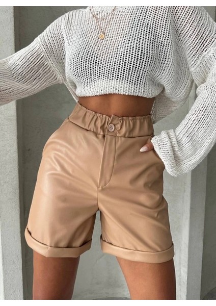 Beli Lastikli Duble Paça Deri Şort Bej W24755 fırsatları