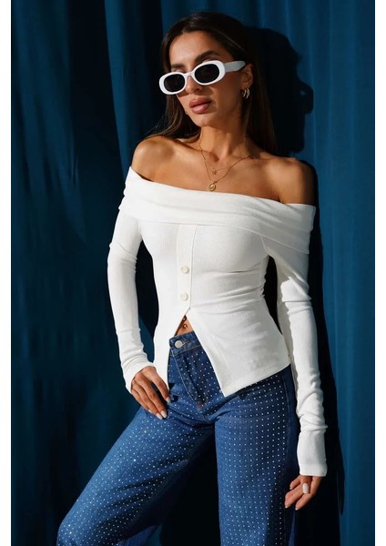 Madonna Yaka Düğmeli Bluz Beyaz T4329 modelleri