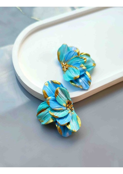 Aqua Bloom Altın Detaylı Mavi Tasarım Küçük Küpe - Şık ve Özgün