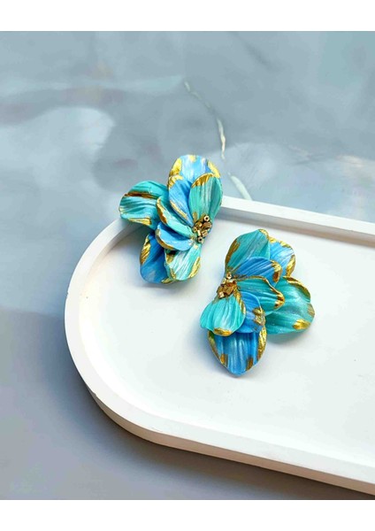 Aqua Bloom Altın Detaylı Mavi Tasarım Küçük Küpe - Şık ve Özgün fiyatları