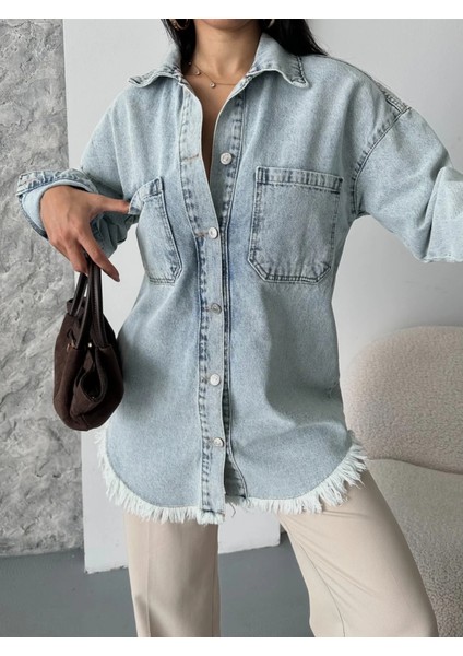 Cepli Püsküllü Kar Yıkama Kot Ceket Mavi D2515