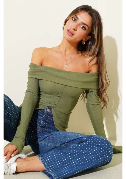 Madonna Yaka Düğmeli Bluz Yeşil T4329